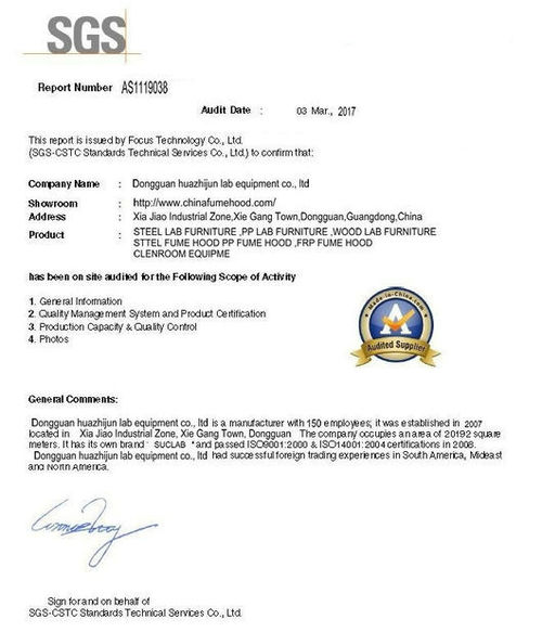 Latest company news about SGS Certificate of Huahzijun Lab Furniture and Fume Hood inj 2017