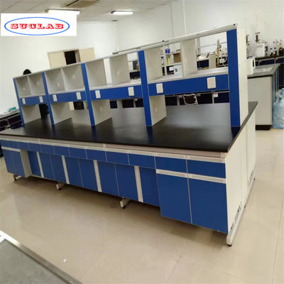 Well-Organized Chemistry Lab Bench with Drawers and Smooth Blue Surface