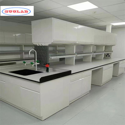 Well-Organized Chemistry Lab Bench with Drawers and Smooth Blue Surface